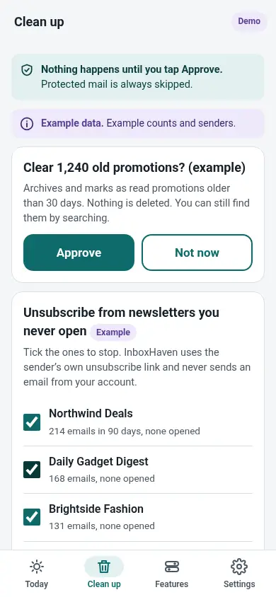 Clean-up screen asking: clear 1,240 old promotions? with Approve and Not now buttons.