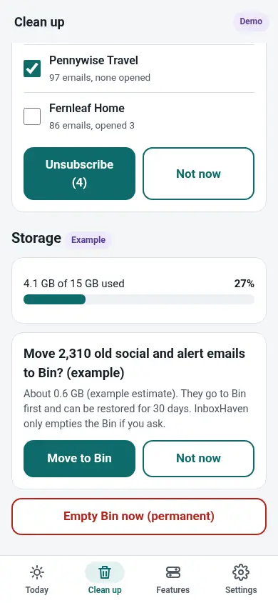 Storage screen offering to move old emails to the Bin first.